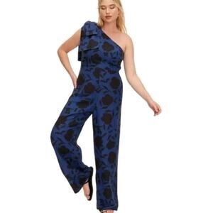 Kate Spade One Shoulder Linen Floral Jumpsuit Blue Black Womens Size 6